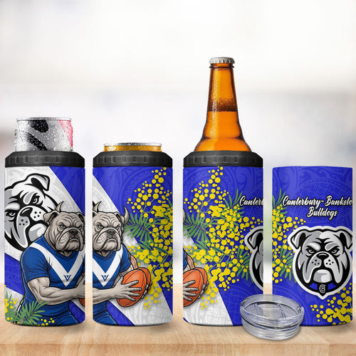 Canterbury Bankstown Bulldogs 4 in 1 Can Cooler Tumbler Golden Wattle Floral Polynesian - Australian Flower - Rugby Mascot