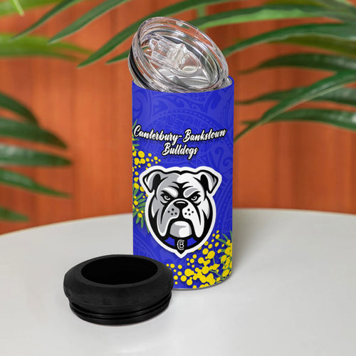 Canterbury Bankstown Bulldogs 4 in 1 Can Cooler Tumbler Golden Wattle Floral Polynesian - Australian Flower - Rugby Mascot