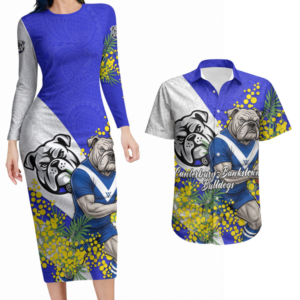 Canterbury Bankstown Bulldogs Couples Matching Long Sleeve Bodycon Dress and Hawaiian Shirt Golden Wattle Floral Polynesian - Australian Flower - Rugby Mascot