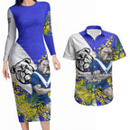 Canterbury Bankstown Bulldogs Couples Matching Long Sleeve Bodycon Dress and Hawaiian Shirt Golden Wattle Floral Polynesian - Australian Flower - Rugby Mascot