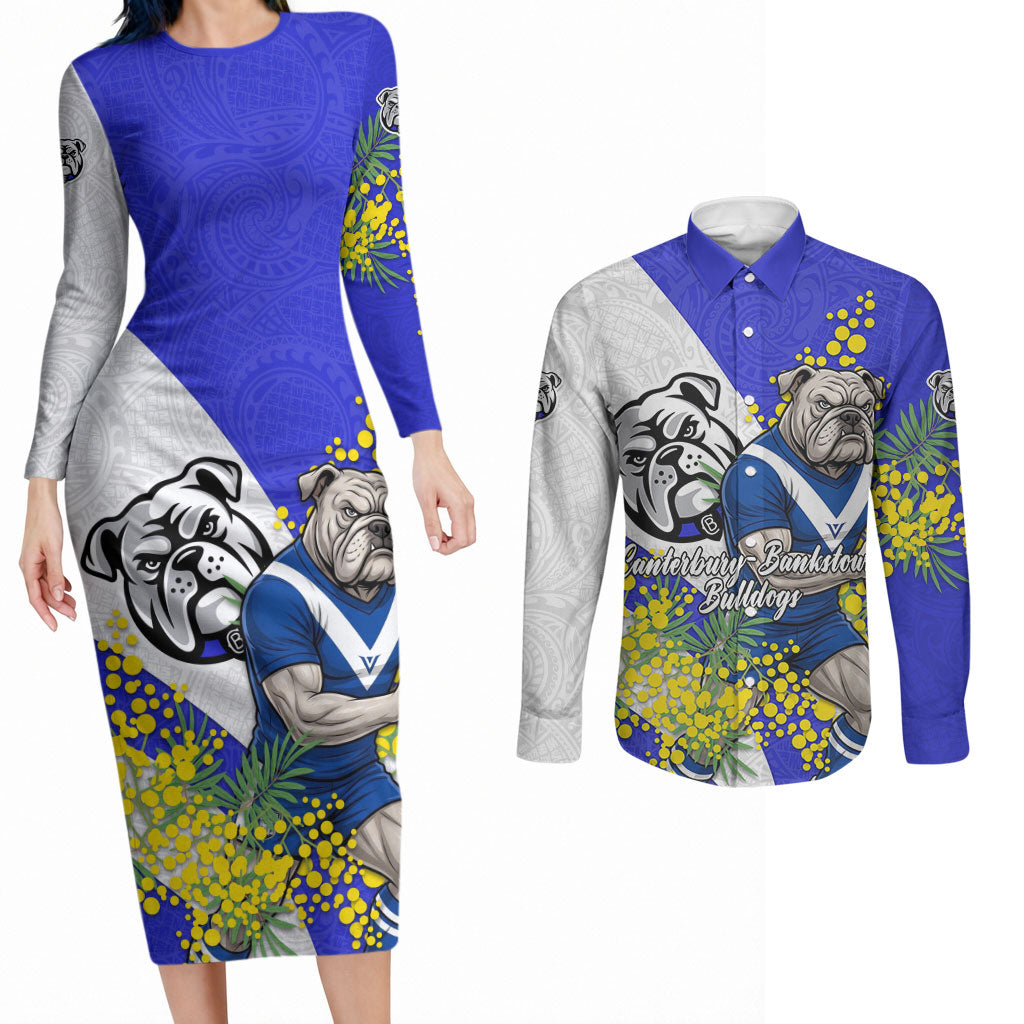 Canterbury Bankstown Bulldogs Couples Matching Long Sleeve Bodycon Dress and Long Sleeve Button Shirt Golden Wattle Floral Polynesian - Australian Flower - Rugby Mascot