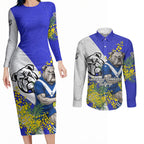 Canterbury Bankstown Bulldogs Couples Matching Long Sleeve Bodycon Dress and Long Sleeve Button Shirt Golden Wattle Floral Polynesian - Australian Flower - Rugby Mascot