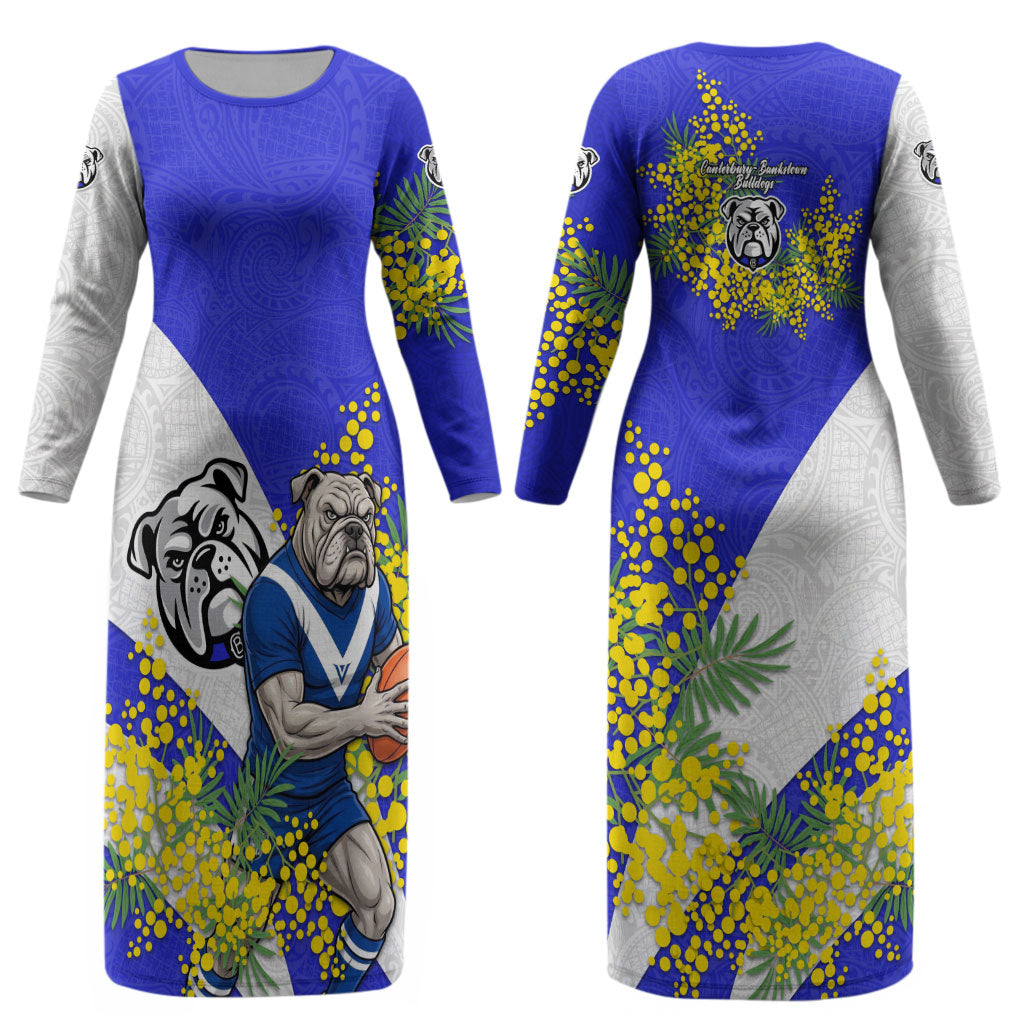 Canterbury Bankstown Bulldogs Couples Matching Long Sleeve Bodycon Dress and Long Sleeve Button Shirt Golden Wattle Floral Polynesian - Australian Flower - Rugby Mascot