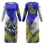 Canterbury Bankstown Bulldogs Couples Matching Long Sleeve Bodycon Dress and Long Sleeve Button Shirt Golden Wattle Floral Polynesian - Australian Flower - Rugby Mascot