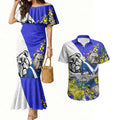 Canterbury Bankstown Bulldogs Couples Matching Mermaid Dress and Hawaiian Shirt Golden Wattle Floral Polynesian - Australian Flower - Rugby Mascot