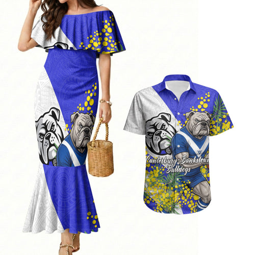 Canterbury Bankstown Bulldogs Couples Matching Mermaid Dress and Hawaiian Shirt Golden Wattle Floral Polynesian - Australian Flower - Rugby Mascot