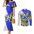 Canterbury Bankstown Bulldogs Couples Matching Mermaid Dress and Long Sleeve Button Shirt Golden Wattle Floral Polynesian - Australian Flower - Rugby Mascot