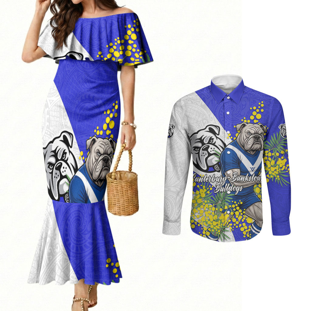 Canterbury Bankstown Bulldogs Couples Matching Mermaid Dress and Long Sleeve Button Shirt Golden Wattle Floral Polynesian - Australian Flower - Rugby Mascot