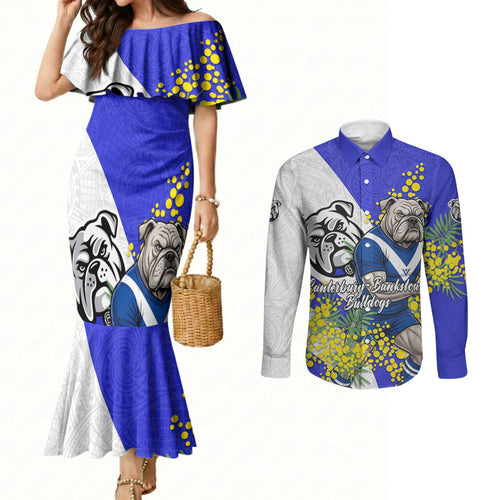 Canterbury Bankstown Bulldogs Couples Matching Mermaid Dress and Long Sleeve Button Shirt Golden Wattle Floral Polynesian - Australian Flower - Rugby Mascot