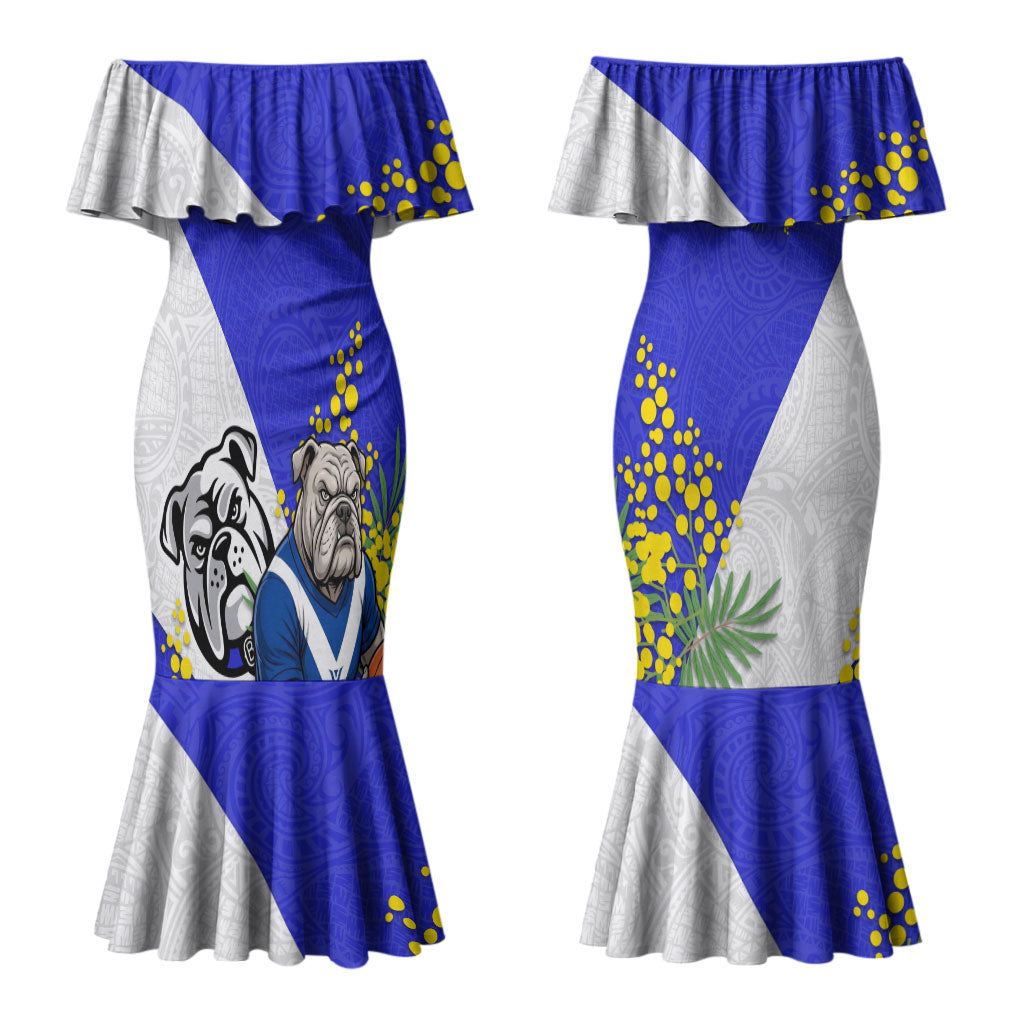 Canterbury Bankstown Bulldogs Couples Matching Mermaid Dress and Long Sleeve Button Shirt Golden Wattle Floral Polynesian - Australian Flower - Rugby Mascot
