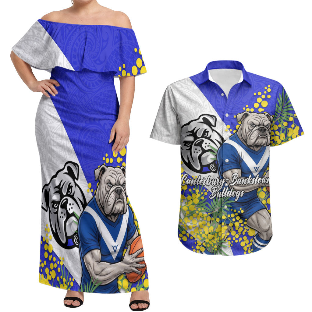 Canterbury Bankstown Bulldogs Couples Matching Off Shoulder Maxi Dress and Hawaiian Shirt Golden Wattle Floral Polynesian - Australian Flower - Rugby Mascot