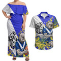 Canterbury Bankstown Bulldogs Couples Matching Off Shoulder Maxi Dress and Hawaiian Shirt Golden Wattle Floral Polynesian - Australian Flower - Rugby Mascot