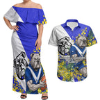 Canterbury Bankstown Bulldogs Couples Matching Off Shoulder Maxi Dress and Hawaiian Shirt Golden Wattle Floral Polynesian - Australian Flower - Rugby Mascot