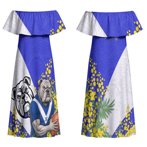Canterbury Bankstown Bulldogs Couples Matching Off Shoulder Maxi Dress and Hawaiian Shirt Golden Wattle Floral Polynesian - Australian Flower - Rugby Mascot