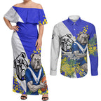 Canterbury Bankstown Bulldogs Couples Matching Off Shoulder Maxi Dress and Long Sleeve Button Shirt Golden Wattle Floral Polynesian - Australian Flower - Rugby Mascot