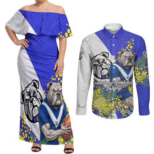 Canterbury Bankstown Bulldogs Couples Matching Off Shoulder Maxi Dress and Long Sleeve Button Shirt Golden Wattle Floral Polynesian - Australian Flower - Rugby Mascot