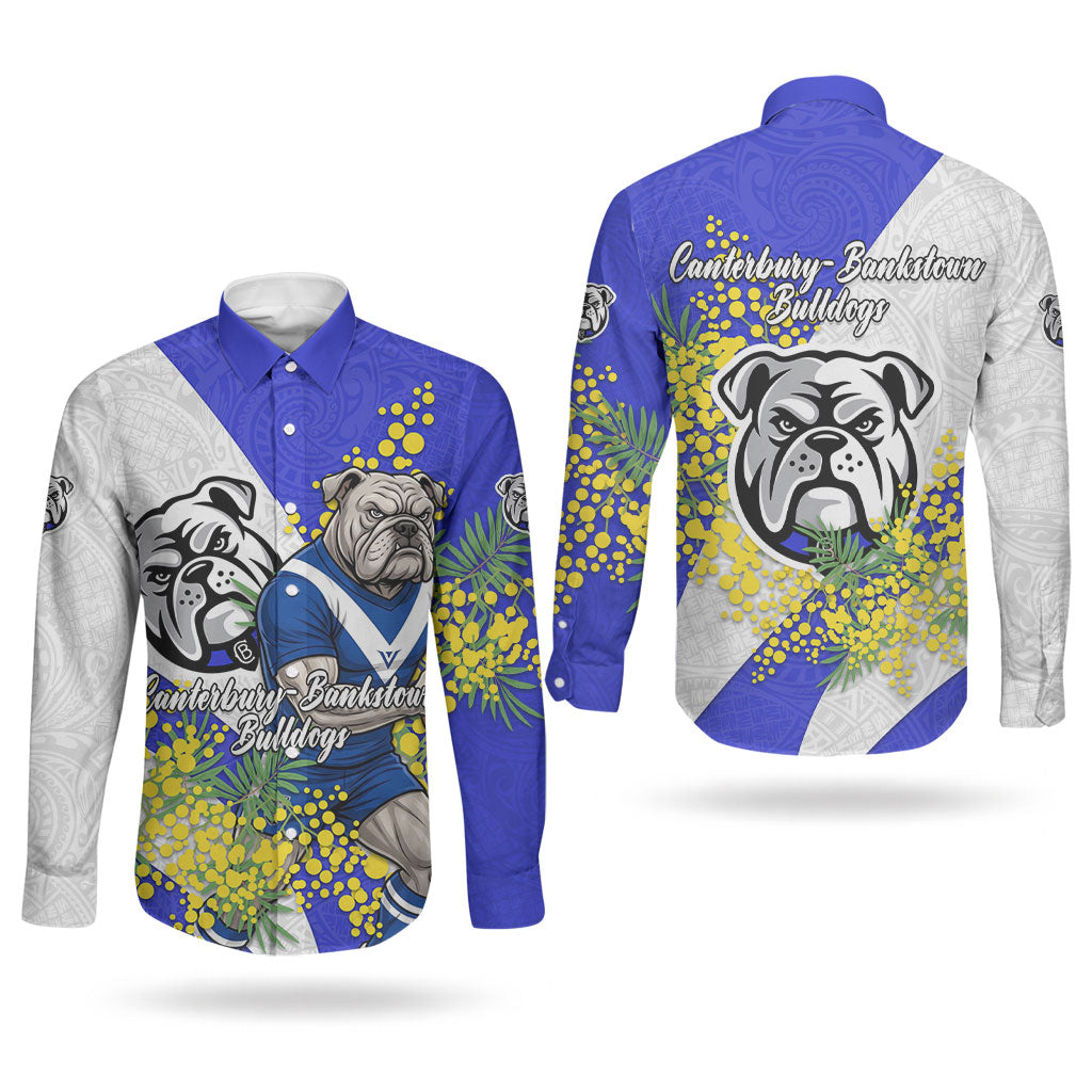 Canterbury Bankstown Bulldogs Couples Matching Off Shoulder Maxi Dress and Long Sleeve Button Shirt Golden Wattle Floral Polynesian - Australian Flower - Rugby Mascot