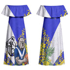 Canterbury Bankstown Bulldogs Couples Matching Off Shoulder Maxi Dress and Long Sleeve Button Shirt Golden Wattle Floral Polynesian - Australian Flower - Rugby Mascot