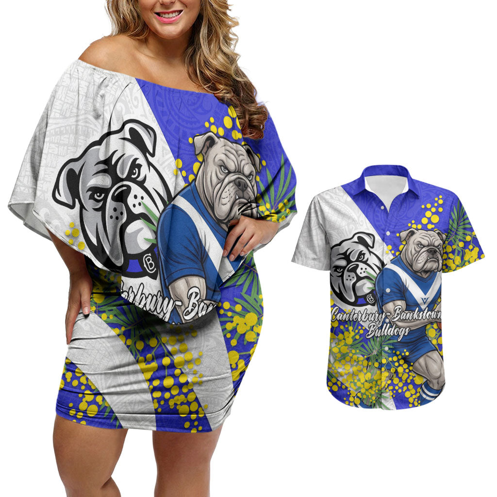 Canterbury Bankstown Bulldogs Couples Matching Off Shoulder Short Dress and Hawaiian Shirt Golden Wattle Floral Polynesian - Australian Flower - Rugby Mascot