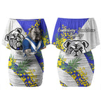 Canterbury Bankstown Bulldogs Couples Matching Off Shoulder Short Dress and Hawaiian Shirt Golden Wattle Floral Polynesian - Australian Flower - Rugby Mascot