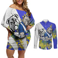Canterbury Bankstown Bulldogs Couples Matching Off Shoulder Short Dress and Long Sleeve Button Shirt Golden Wattle Floral Polynesian - Australian Flower - Rugby Mascot