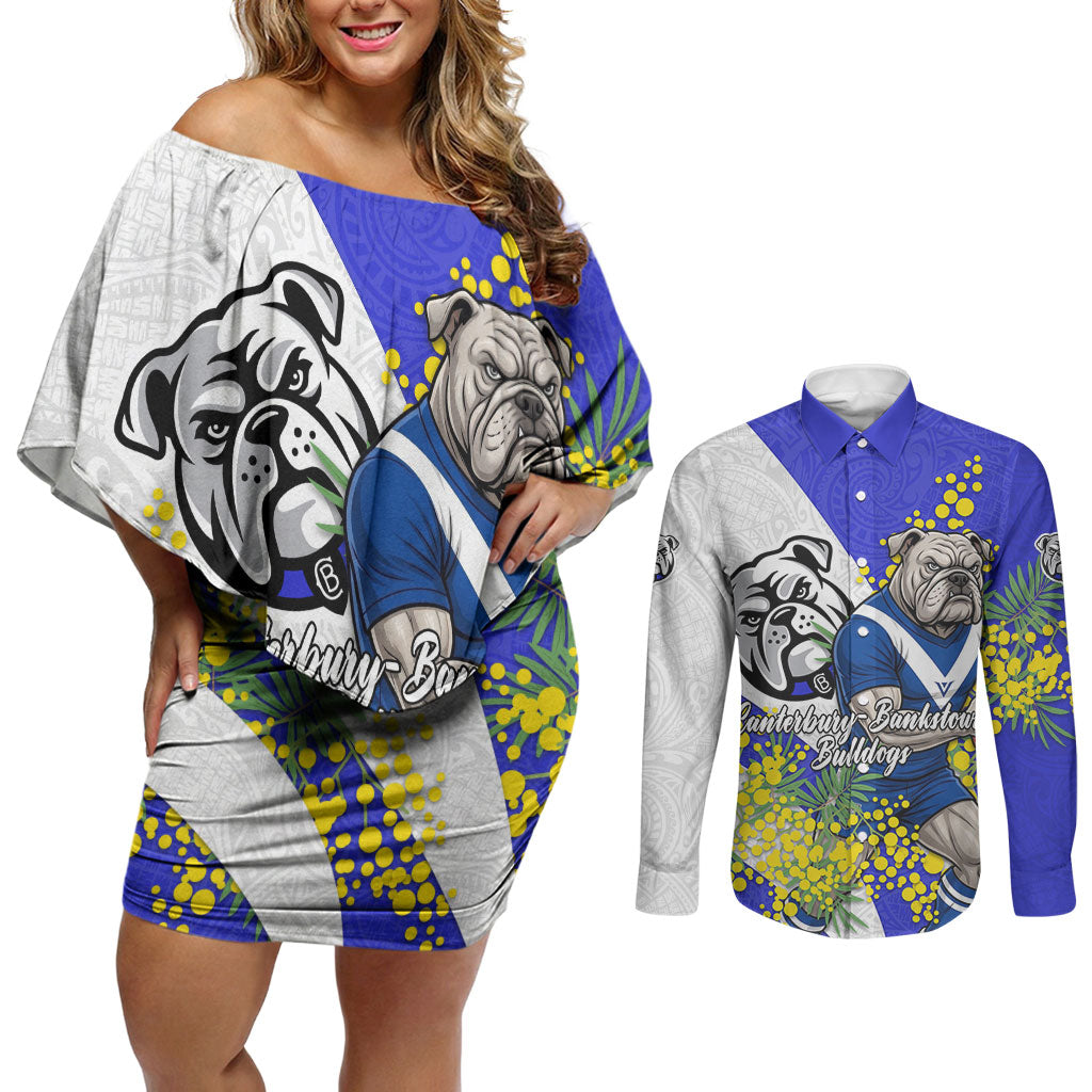 Canterbury Bankstown Bulldogs Couples Matching Off Shoulder Short Dress and Long Sleeve Button Shirt Golden Wattle Floral Polynesian - Australian Flower - Rugby Mascot
