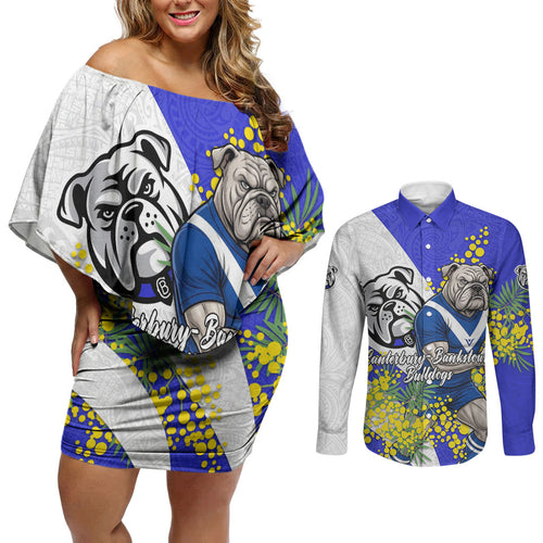Canterbury Bankstown Bulldogs Couples Matching Off Shoulder Short Dress and Long Sleeve Button Shirt Golden Wattle Floral Polynesian - Australian Flower - Rugby Mascot