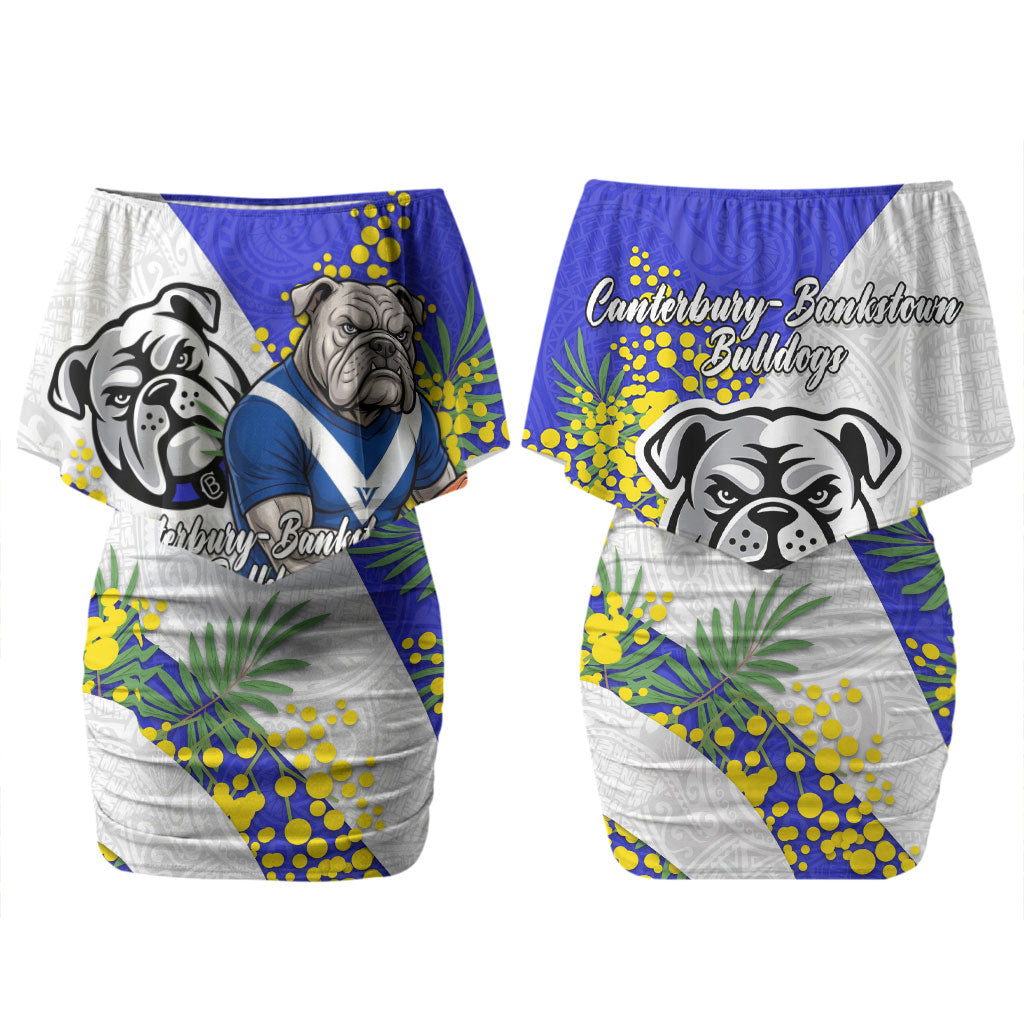 Canterbury Bankstown Bulldogs Couples Matching Off Shoulder Short Dress and Long Sleeve Button Shirt Golden Wattle Floral Polynesian - Australian Flower - Rugby Mascot