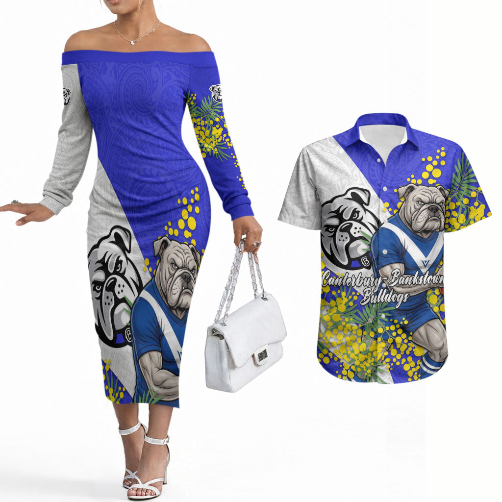 Canterbury Bankstown Bulldogs Couples Matching Off The Shoulder Long Sleeve Dress and Hawaiian Shirt Golden Wattle Floral Polynesian - Australian Flower - Rugby Mascot