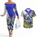 Canterbury Bankstown Bulldogs Couples Matching Off The Shoulder Long Sleeve Dress and Hawaiian Shirt Golden Wattle Floral Polynesian - Australian Flower - Rugby Mascot