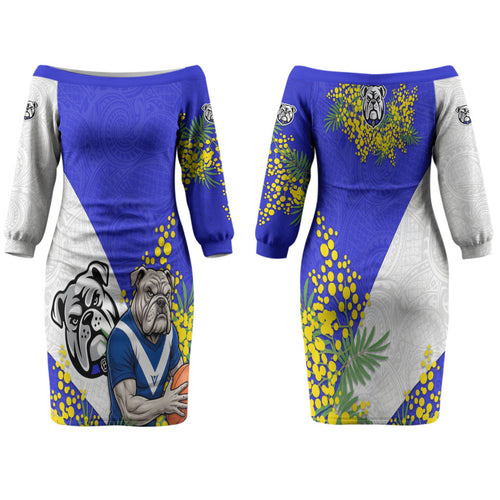 Canterbury Bankstown Bulldogs Couples Matching Off The Shoulder Long Sleeve Dress and Hawaiian Shirt Golden Wattle Floral Polynesian - Australian Flower - Rugby Mascot