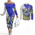 Canterbury Bankstown Bulldogs Couples Matching Off The Shoulder Long Sleeve Dress and Long Sleeve Button Shirt Golden Wattle Floral Polynesian - Australian Flower - Rugby Mascot