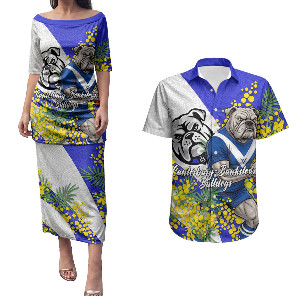 Canterbury Bankstown Bulldogs Couples Matching Puletasi and Hawaiian Shirt Golden Wattle Floral Polynesian - Australian Flower - Rugby Mascot