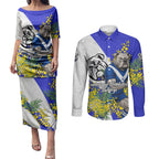 Canterbury Bankstown Bulldogs Couples Matching Puletasi and Long Sleeve Button Shirt Golden Wattle Floral Polynesian - Australian Flower - Rugby Mascot