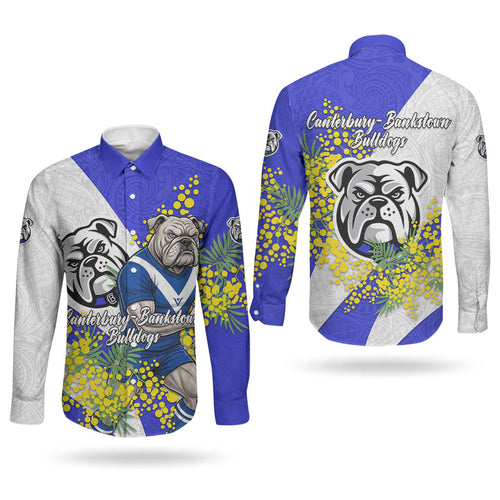 Canterbury Bankstown Bulldogs Couples Matching Puletasi and Long Sleeve Button Shirt Golden Wattle Floral Polynesian - Australian Flower - Rugby Mascot