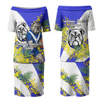 Canterbury Bankstown Bulldogs Couples Matching Puletasi and Long Sleeve Button Shirt Golden Wattle Floral Polynesian - Australian Flower - Rugby Mascot