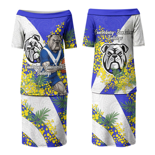 Canterbury Bankstown Bulldogs Couples Matching Puletasi and Long Sleeve Button Shirt Golden Wattle Floral Polynesian - Australian Flower - Rugby Mascot