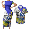 Canterbury Bankstown Bulldogs Couples Matching Short Sleeve Bodycon Dress and Hawaiian Shirt Golden Wattle Floral Polynesian - Australian Flower - Rugby Mascot