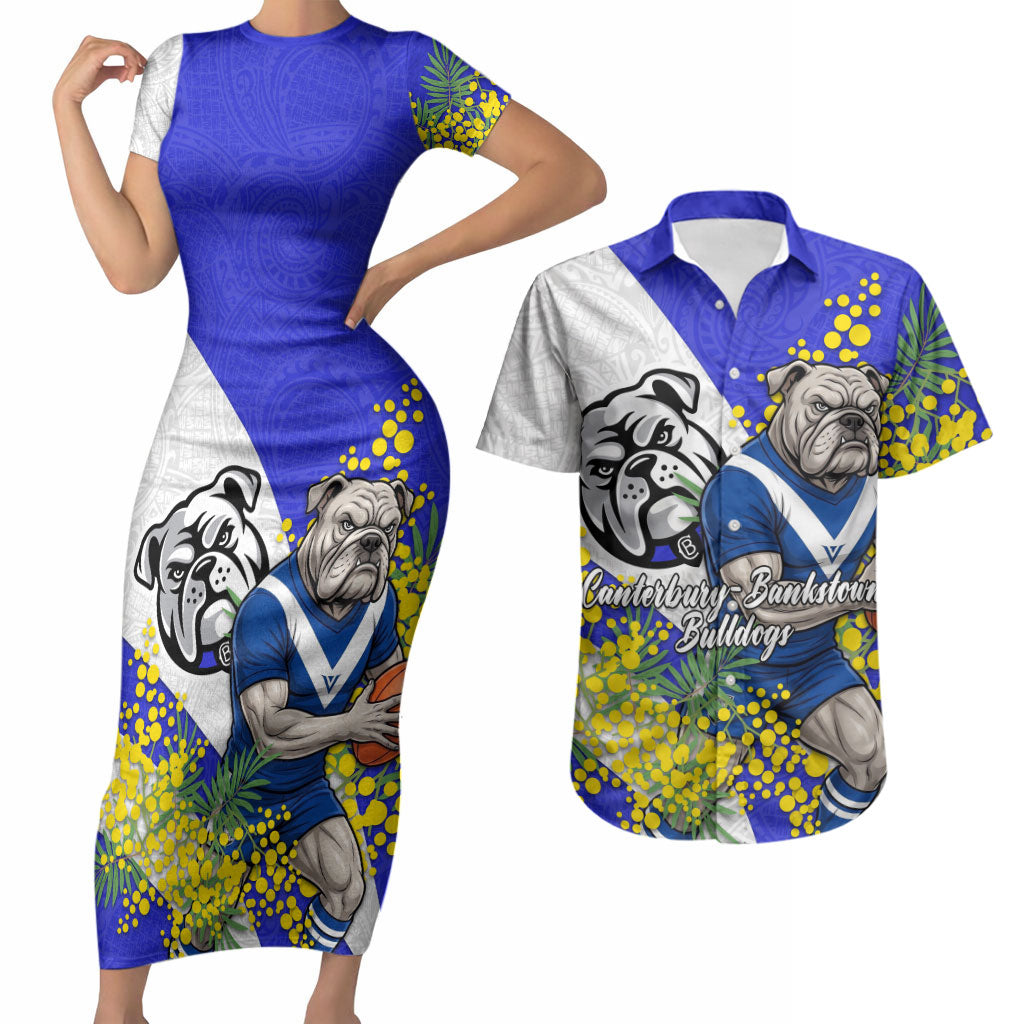 Canterbury Bankstown Bulldogs Couples Matching Short Sleeve Bodycon Dress and Hawaiian Shirt Golden Wattle Floral Polynesian - Australian Flower - Rugby Mascot