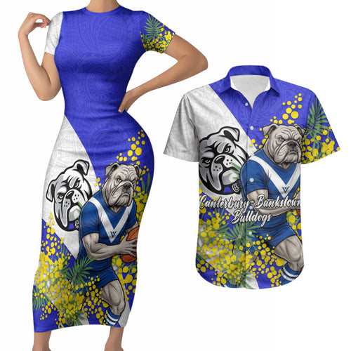 Canterbury Bankstown Bulldogs Couples Matching Short Sleeve Bodycon Dress and Hawaiian Shirt Golden Wattle Floral Polynesian - Australian Flower - Rugby Mascot