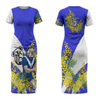 Canterbury Bankstown Bulldogs Couples Matching Short Sleeve Bodycon Dress and Hawaiian Shirt Golden Wattle Floral Polynesian - Australian Flower - Rugby Mascot