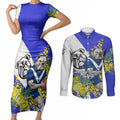Canterbury Bankstown Bulldogs Couples Matching Short Sleeve Bodycon Dress and Long Sleeve Button Shirt Golden Wattle Floral Polynesian - Australian Flower - Rugby Mascot