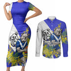 Canterbury Bankstown Bulldogs Couples Matching Short Sleeve Bodycon Dress and Long Sleeve Button Shirt Golden Wattle Floral Polynesian - Australian Flower - Rugby Mascot