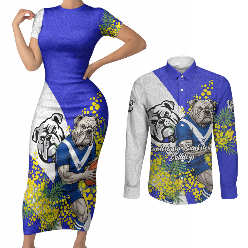 Canterbury Bankstown Bulldogs Couples Matching Short Sleeve Bodycon Dress and Long Sleeve Button Shirt Golden Wattle Floral Polynesian - Australian Flower - Rugby Mascot