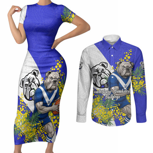 Canterbury Bankstown Bulldogs Couples Matching Short Sleeve Bodycon Dress and Long Sleeve Button Shirt Golden Wattle Floral Polynesian - Australian Flower - Rugby Mascot