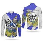 Canterbury Bankstown Bulldogs Couples Matching Short Sleeve Bodycon Dress and Long Sleeve Button Shirt Golden Wattle Floral Polynesian - Australian Flower - Rugby Mascot