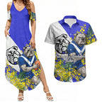 Canterbury Bankstown Bulldogs Couples Matching Summer Maxi Dress and Hawaiian Shirt Golden Wattle Floral Polynesian - Australian Flower - Rugby Mascot