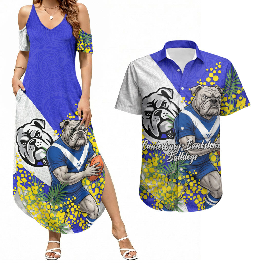 Canterbury Bankstown Bulldogs Couples Matching Summer Maxi Dress and Hawaiian Shirt Golden Wattle Floral Polynesian - Australian Flower - Rugby Mascot