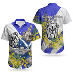Canterbury Bankstown Bulldogs Couples Matching Summer Maxi Dress and Hawaiian Shirt Golden Wattle Floral Polynesian - Australian Flower - Rugby Mascot