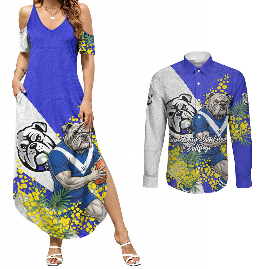 Canterbury Bankstown Bulldogs Couples Matching Summer Maxi Dress and Long Sleeve Button Shirt Golden Wattle Floral Polynesian - Australian Flower - Rugby Mascot